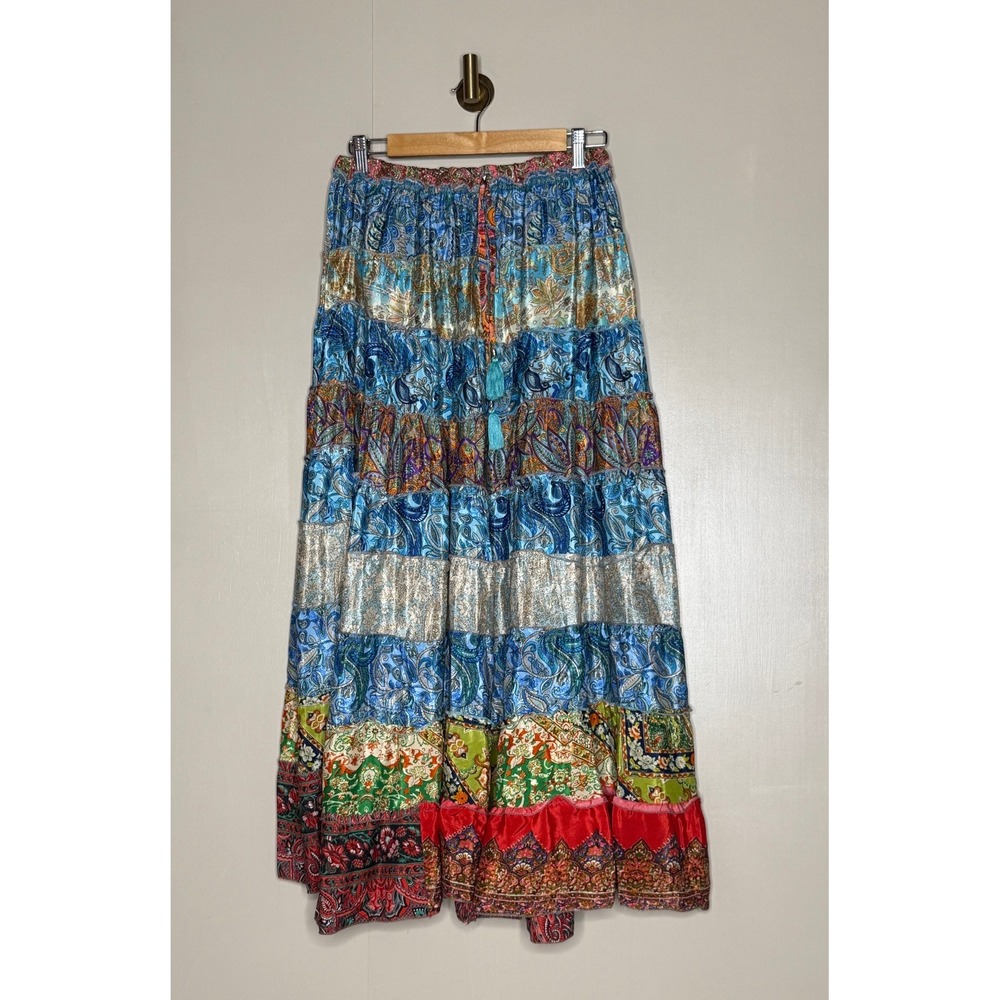 Boho Patchwork Maxi Skirt Small Blue Paisley Metallic Tiered Festival Gypsy